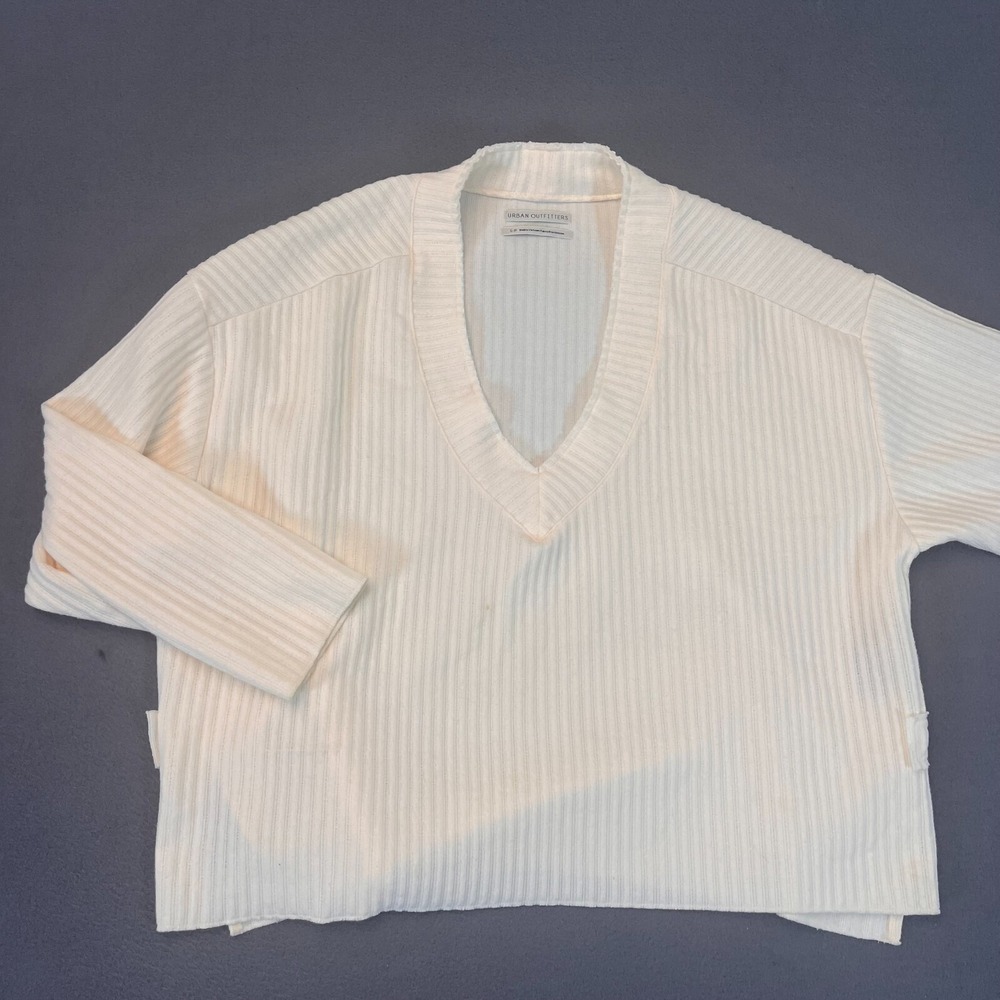 UO Women's Sz Sm Urban Outfitters Anka Slouchy Ribbed V-Neck Top Tunic Ivory Rib